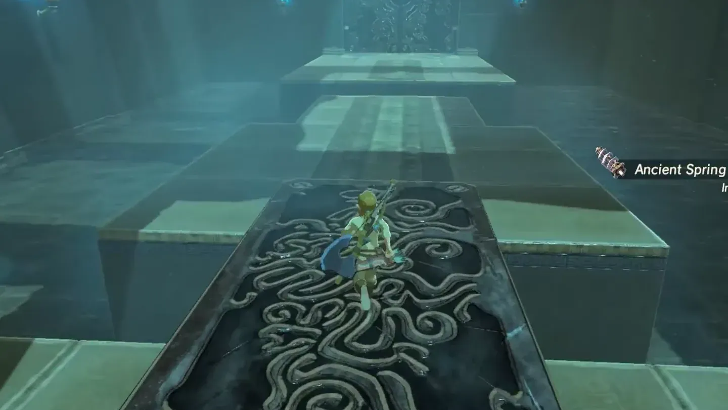 Link walking across the iron slab bridge over the water