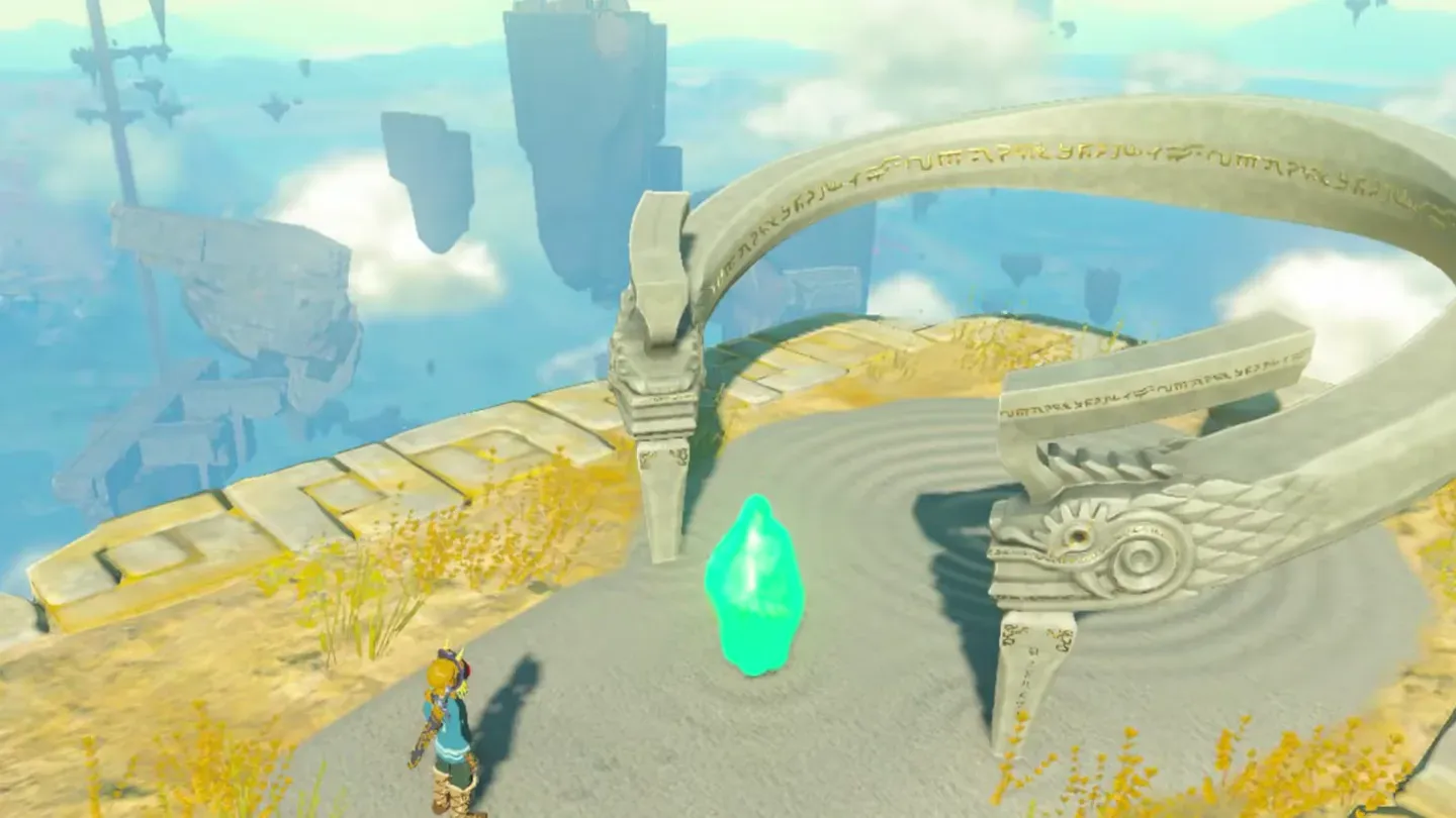 The green crystal set down at the shrine entrance