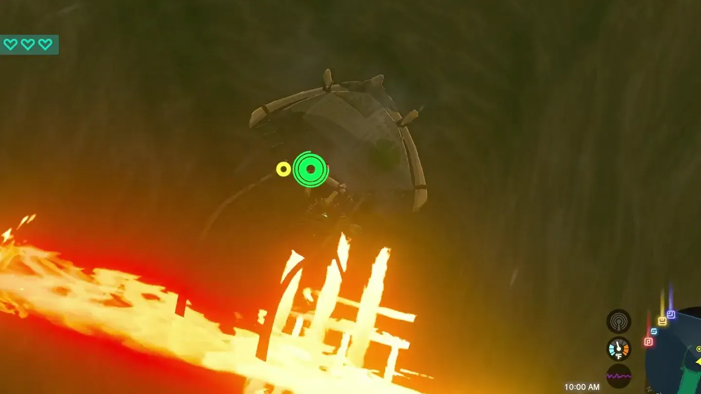 炎のトラップを避けて暗い縦穴を滑空するリンク