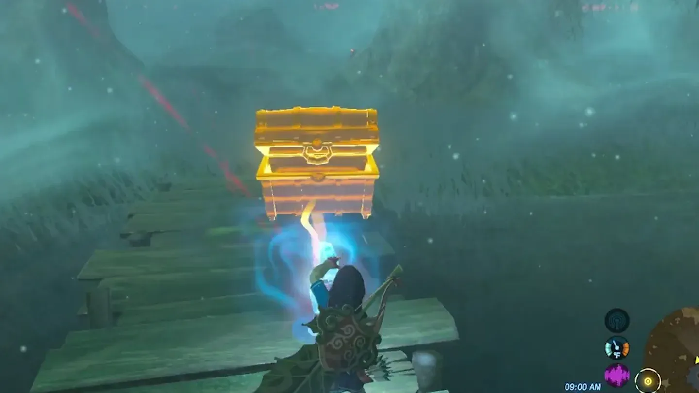Link lifting the glowing metal chest with Magnesis onto a raft