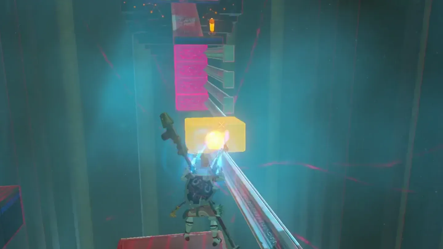 Link pulling a metal platform along a sloping rail with Magnesis