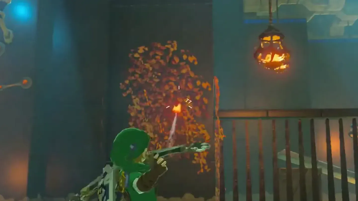 Link aiming a bow at a fire lantern above leaves by the fence