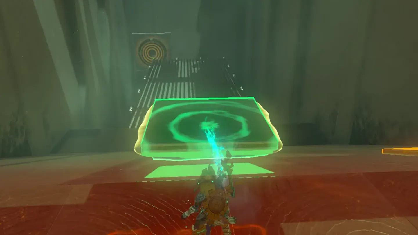 Ultrahand holding an ice plate at the top of the ramp, the target at the far end