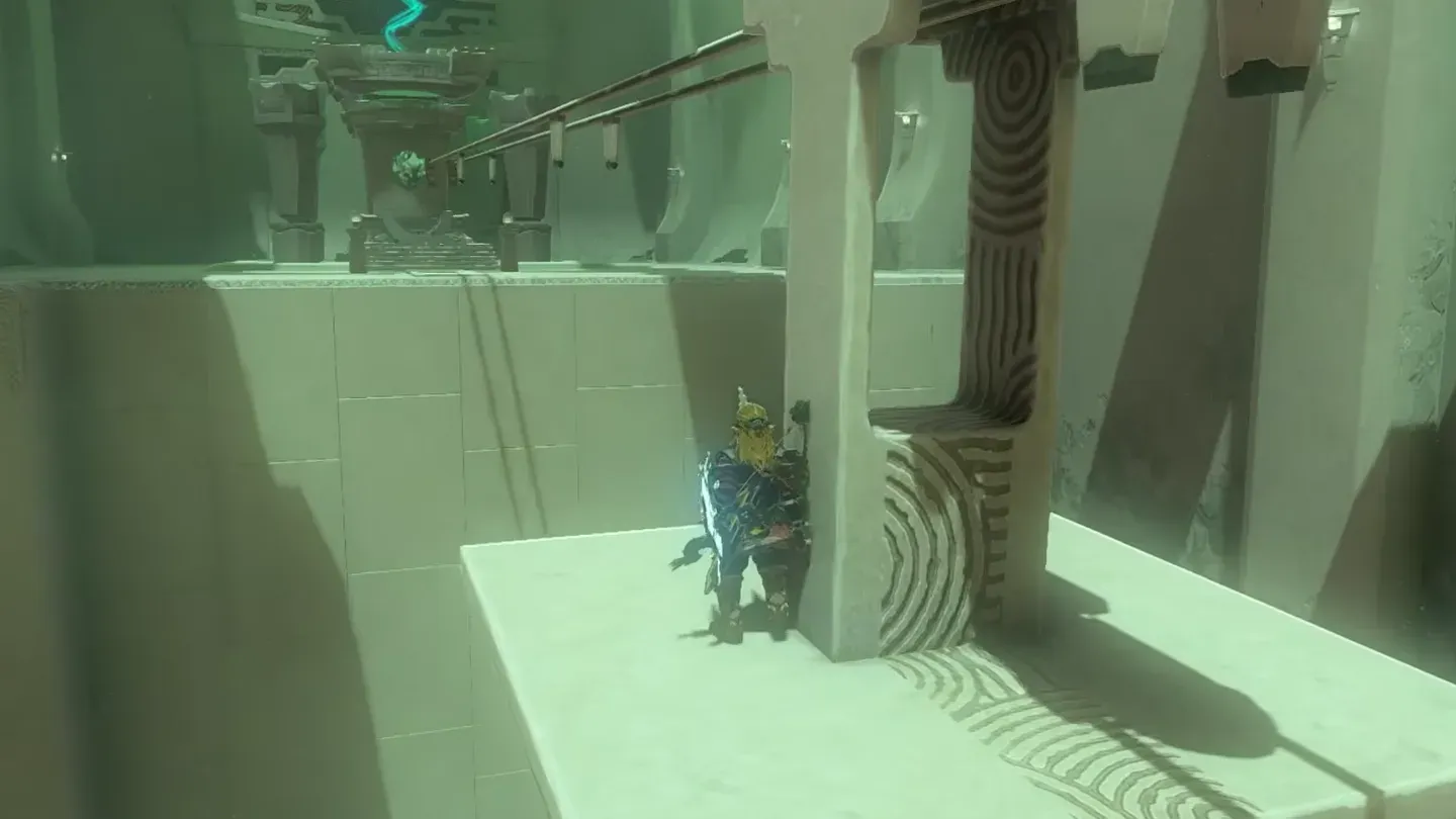 Link riding the hanging platform along the rail