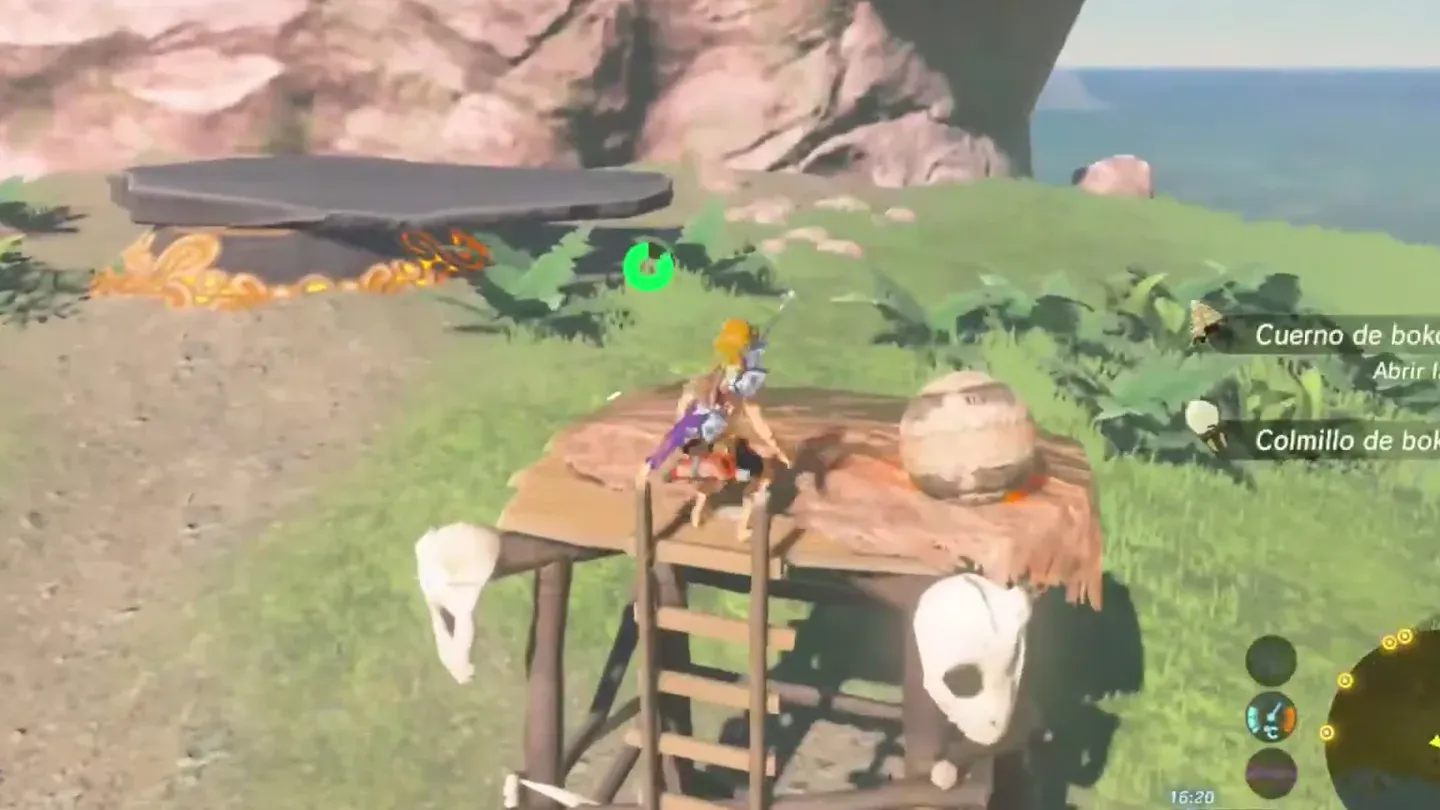 Link on a wooden table in the southeastern camp beside an orb, with the slab-covered altar behind