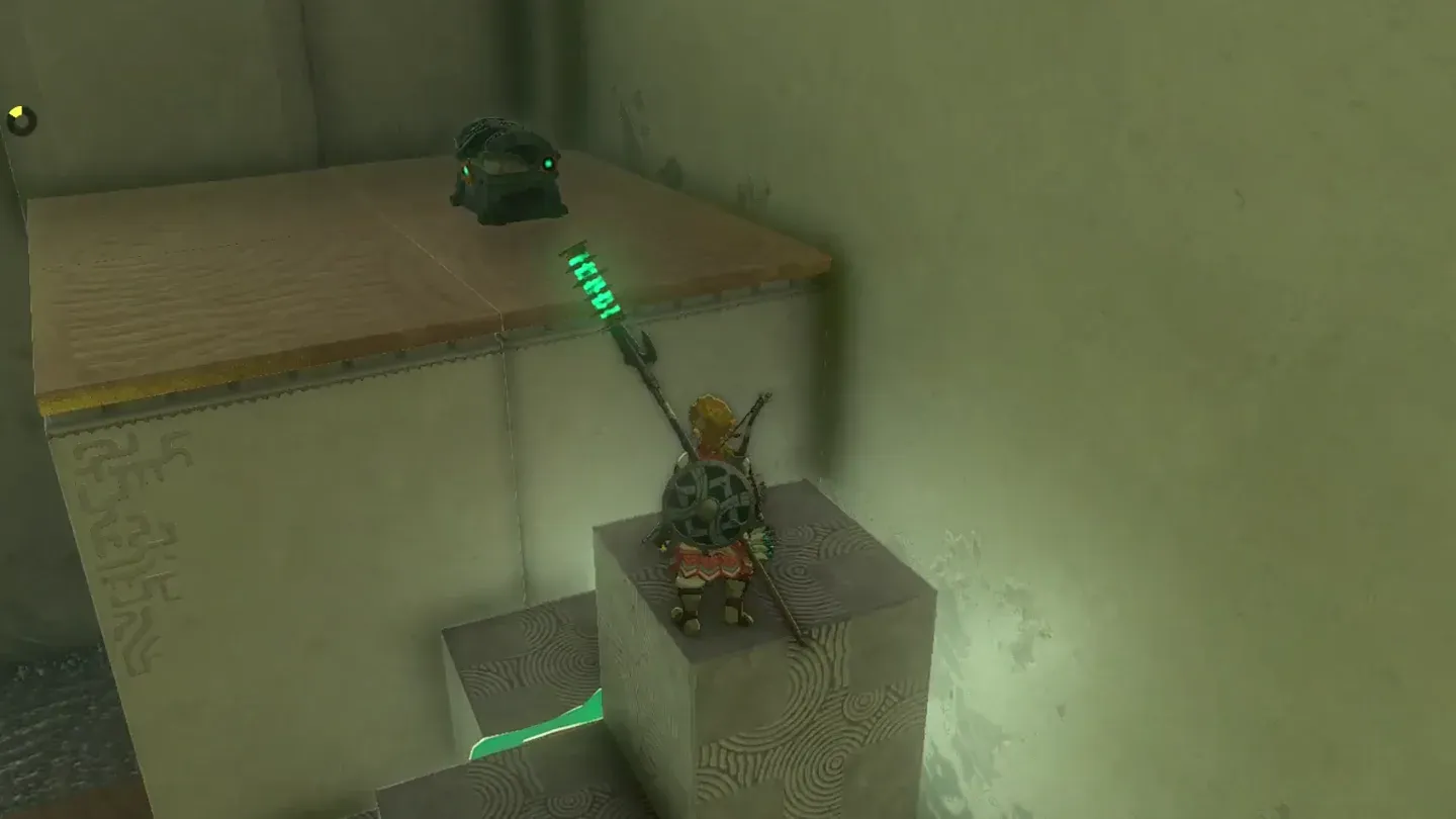 Link on top of the stacked blocks with the chest visible on the platform above