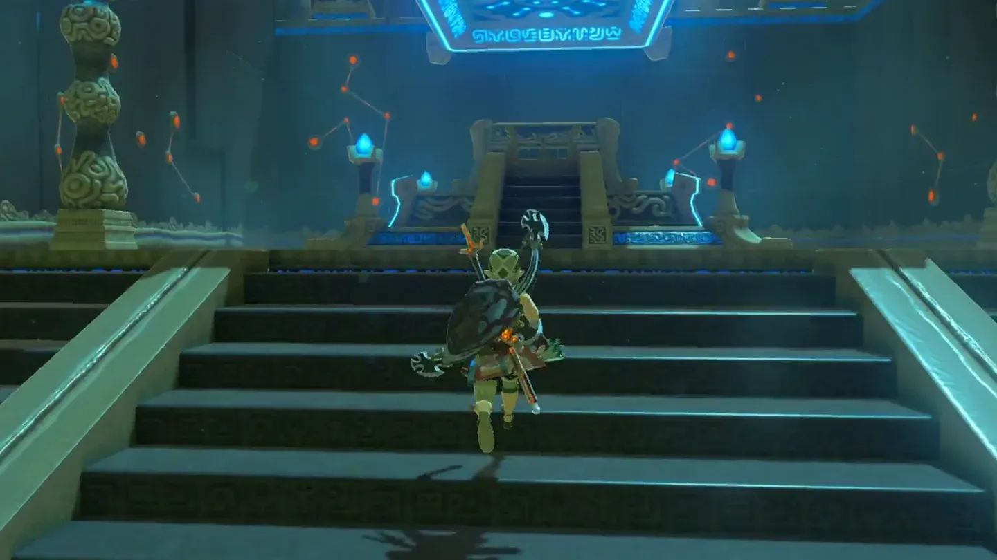 Link climbing the stairs to the Monk's Pedestal