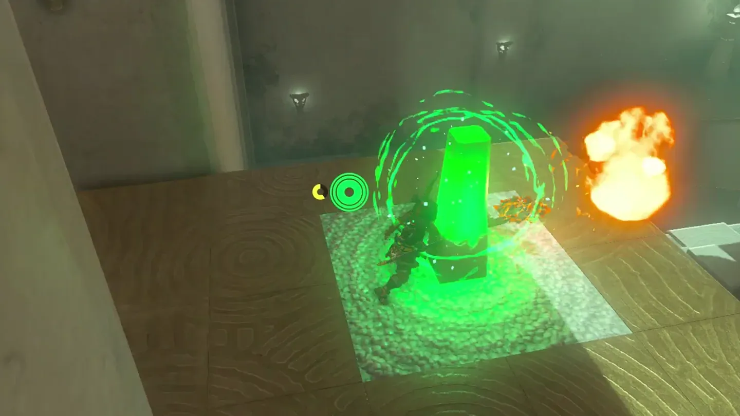 Link striking the pedestal after diving to the lower area