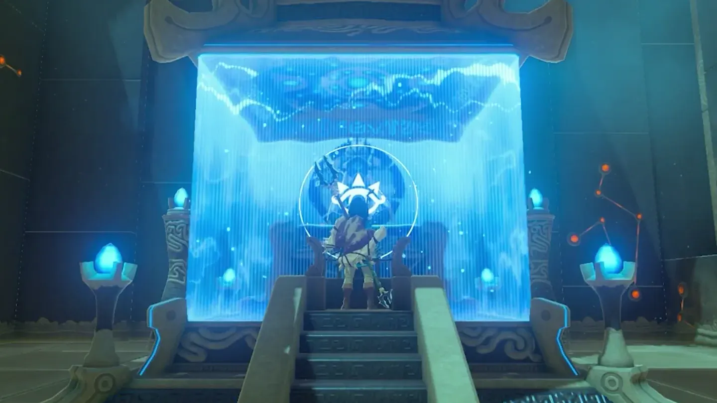 Link climbing the steps to the monk's pedestal