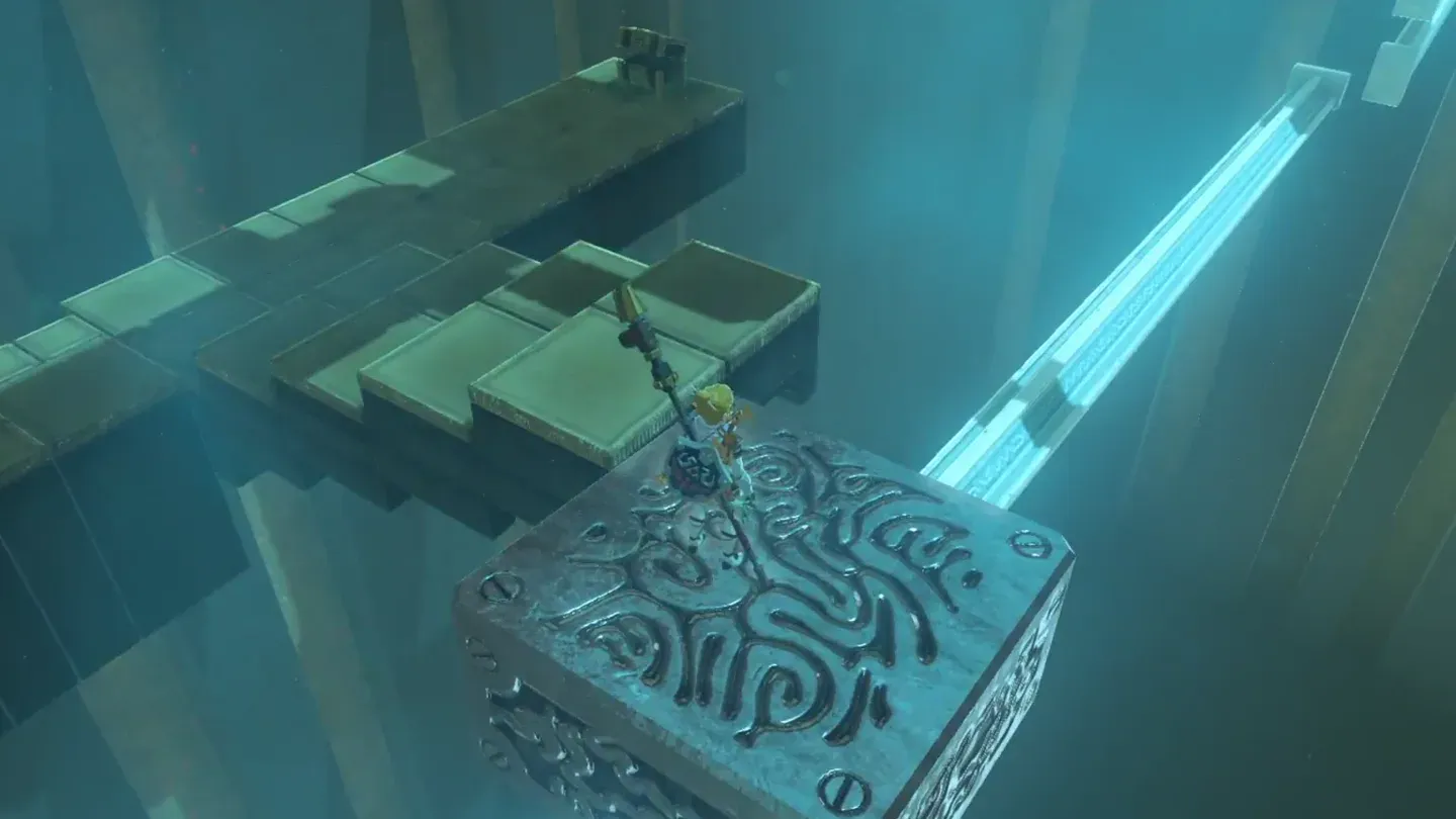 Link riding the metal platform along the glowing rail