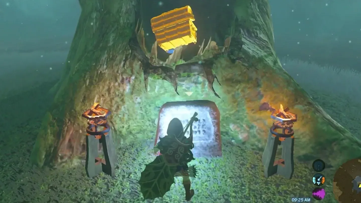 Link lowering the glowing chest into the mouth of the island tree above its sign