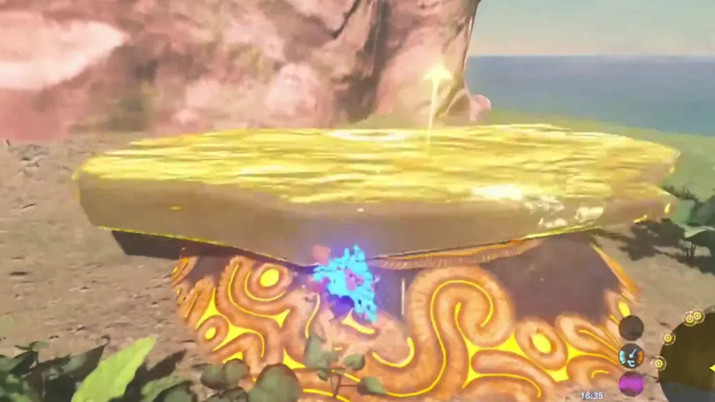 The stone slab frozen in yellow Stasis while Link strikes it