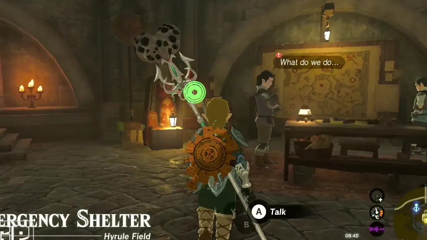 Link talking to Gralens in the Emergency Shelter at Lookout Landing
