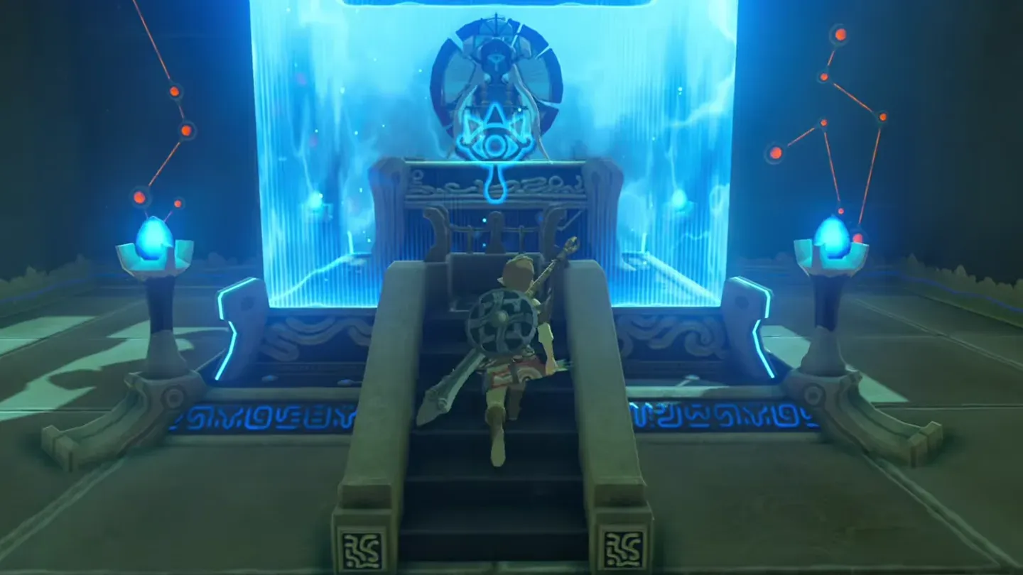 Link climbing the steps to the monk's pedestal