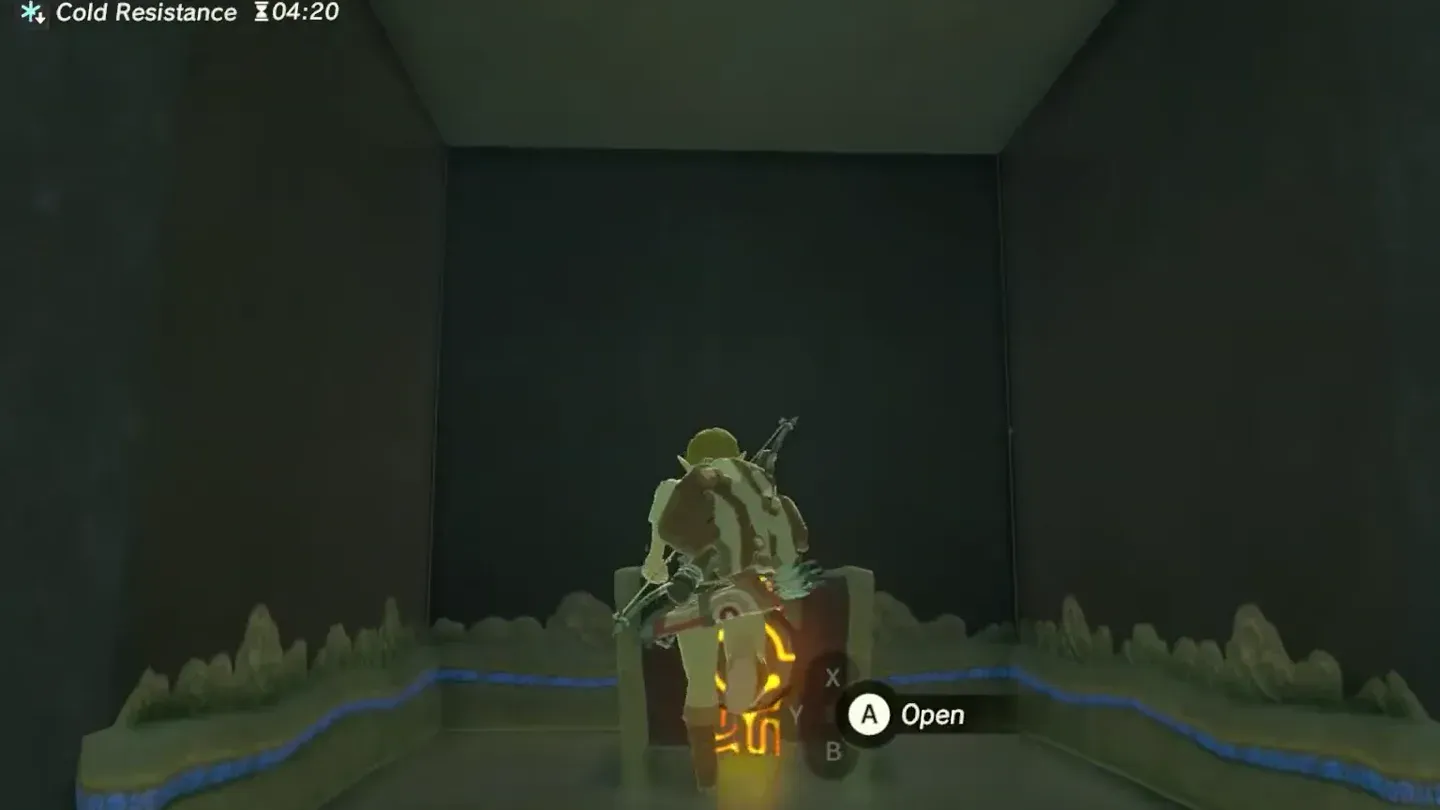 Link opening the treasure chest on the ledge