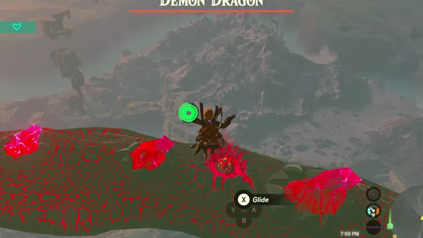 Link landing on the Demon Dragon's back beside a red eye cluster