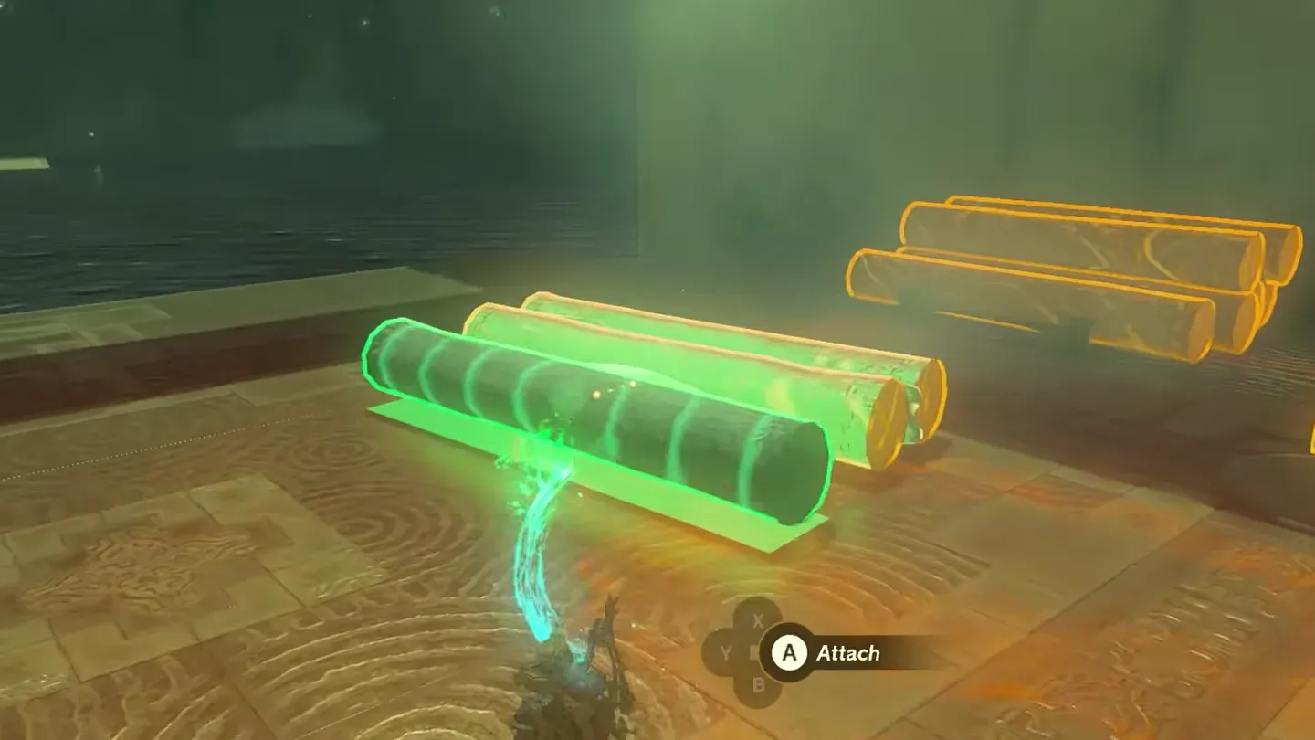 Ultrahand joining logs side by side into a raft