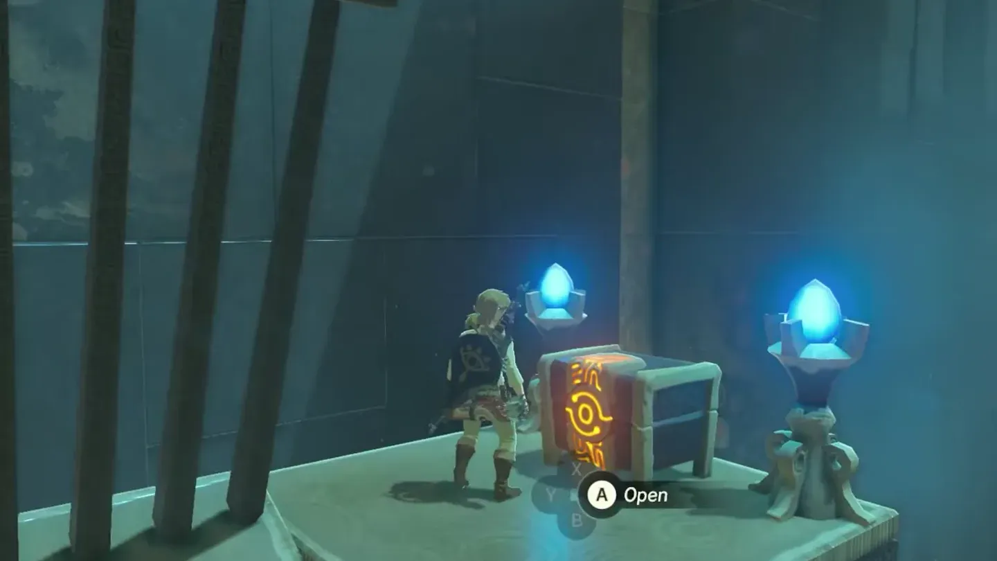 Link at the treasure chest on the high ledge