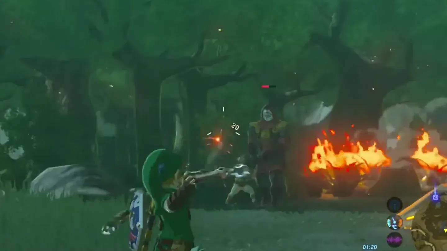Link attacking the Yiga Blademaster near burning grass