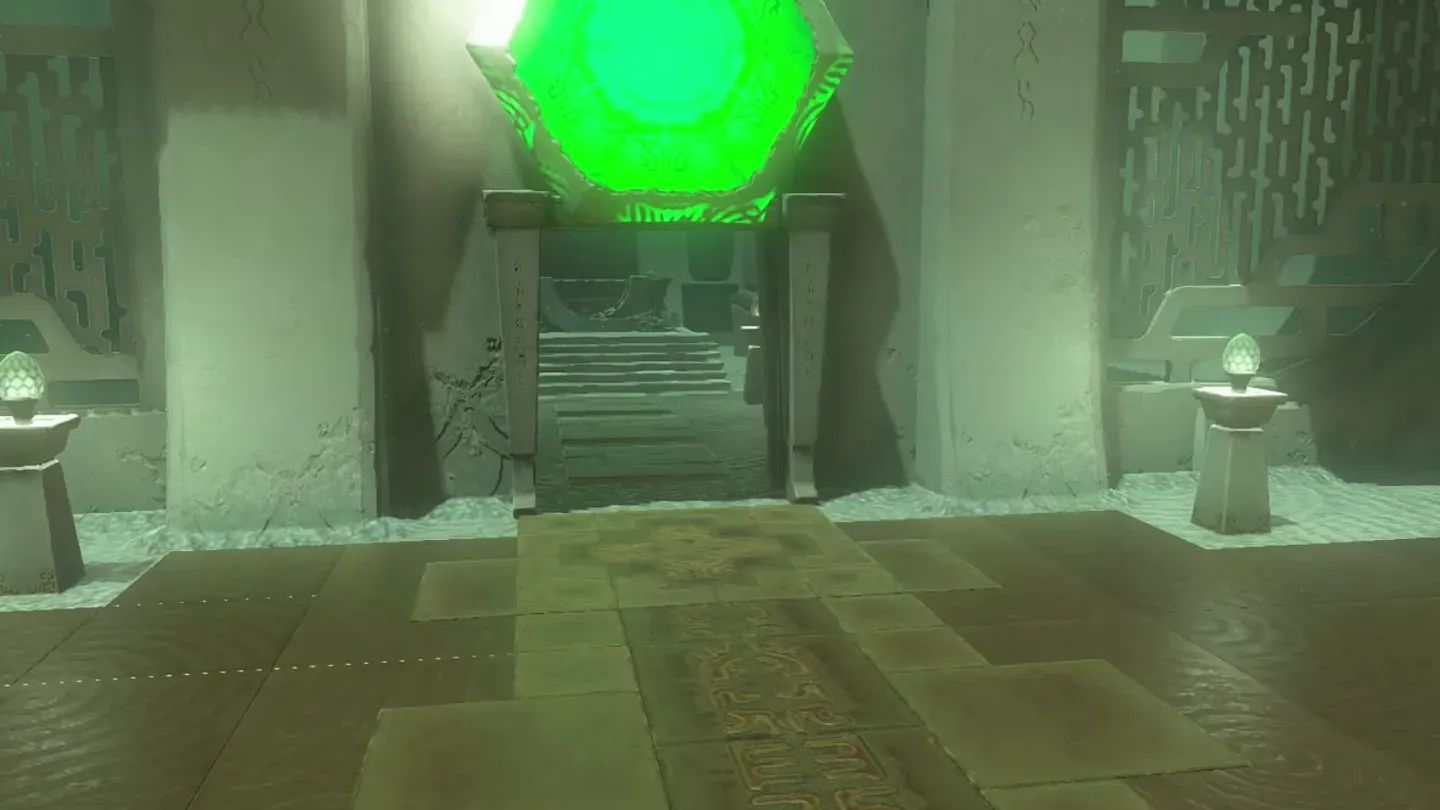 The hexagon above the altar door lit bright green