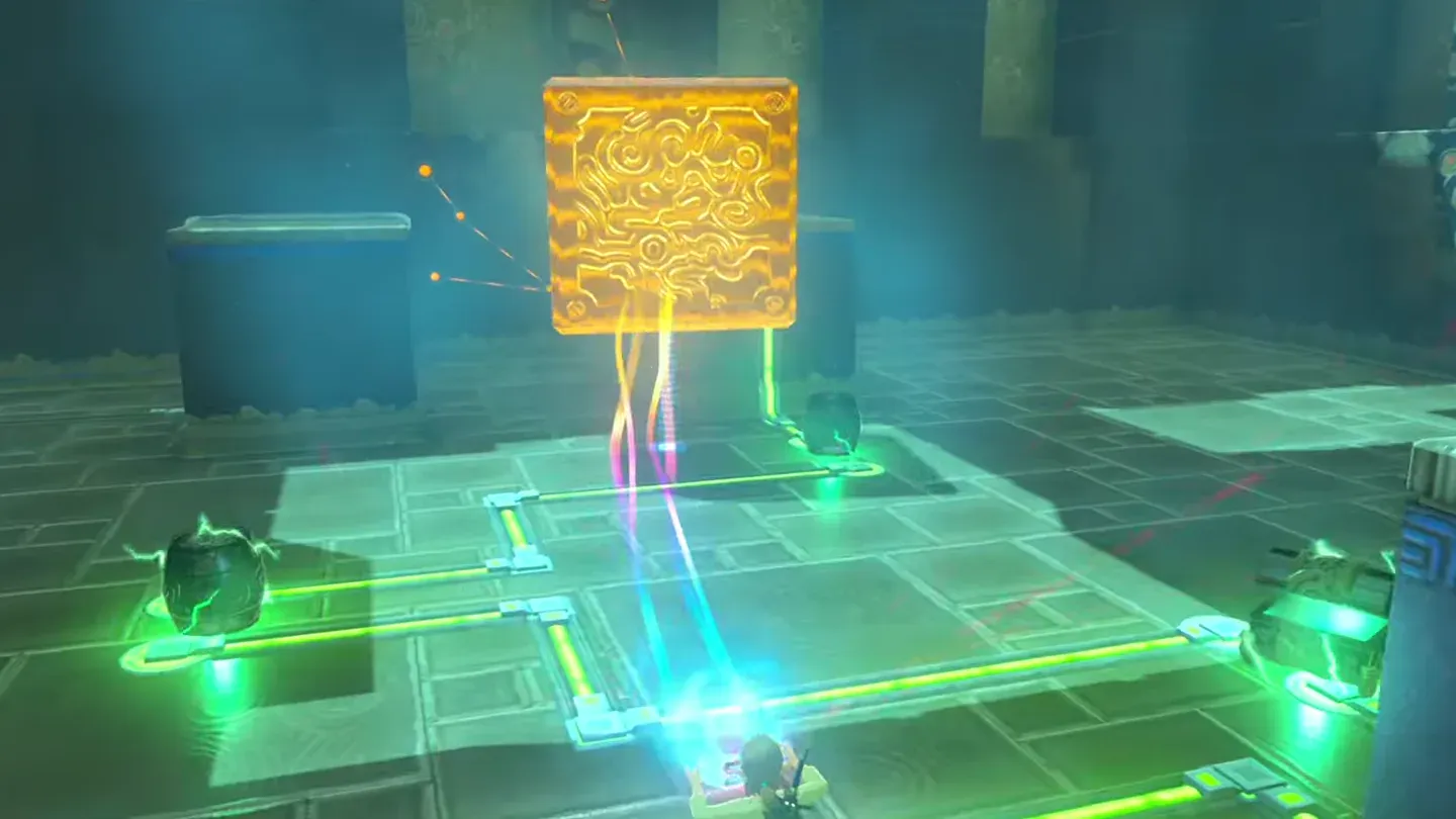 Link setting the cube between the platforms on the right wall, barrels already glowing