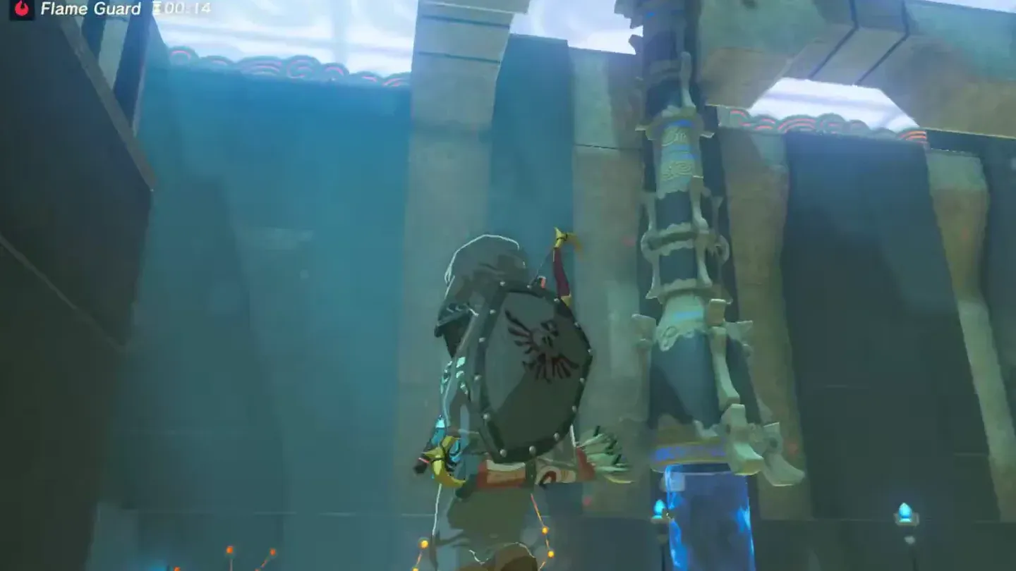 Link rising on the pan level with the monk's pedestal