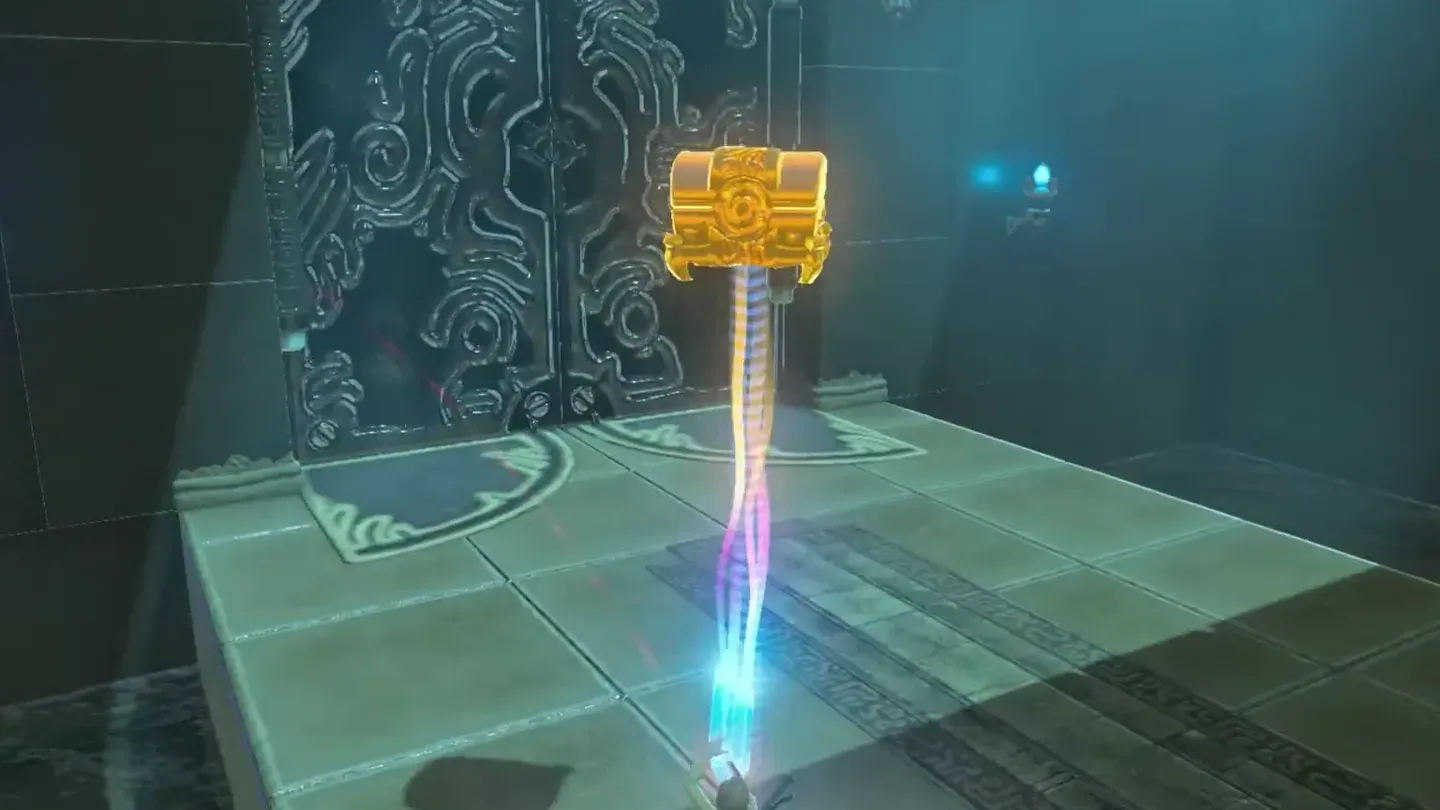 A metal chest pulled down from a high ledge with Magnesis