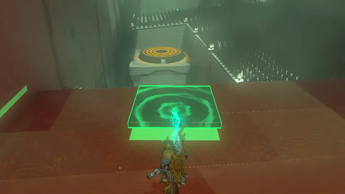 An ice plate held at the top of the ramp, the second target on a pillar past the spikes