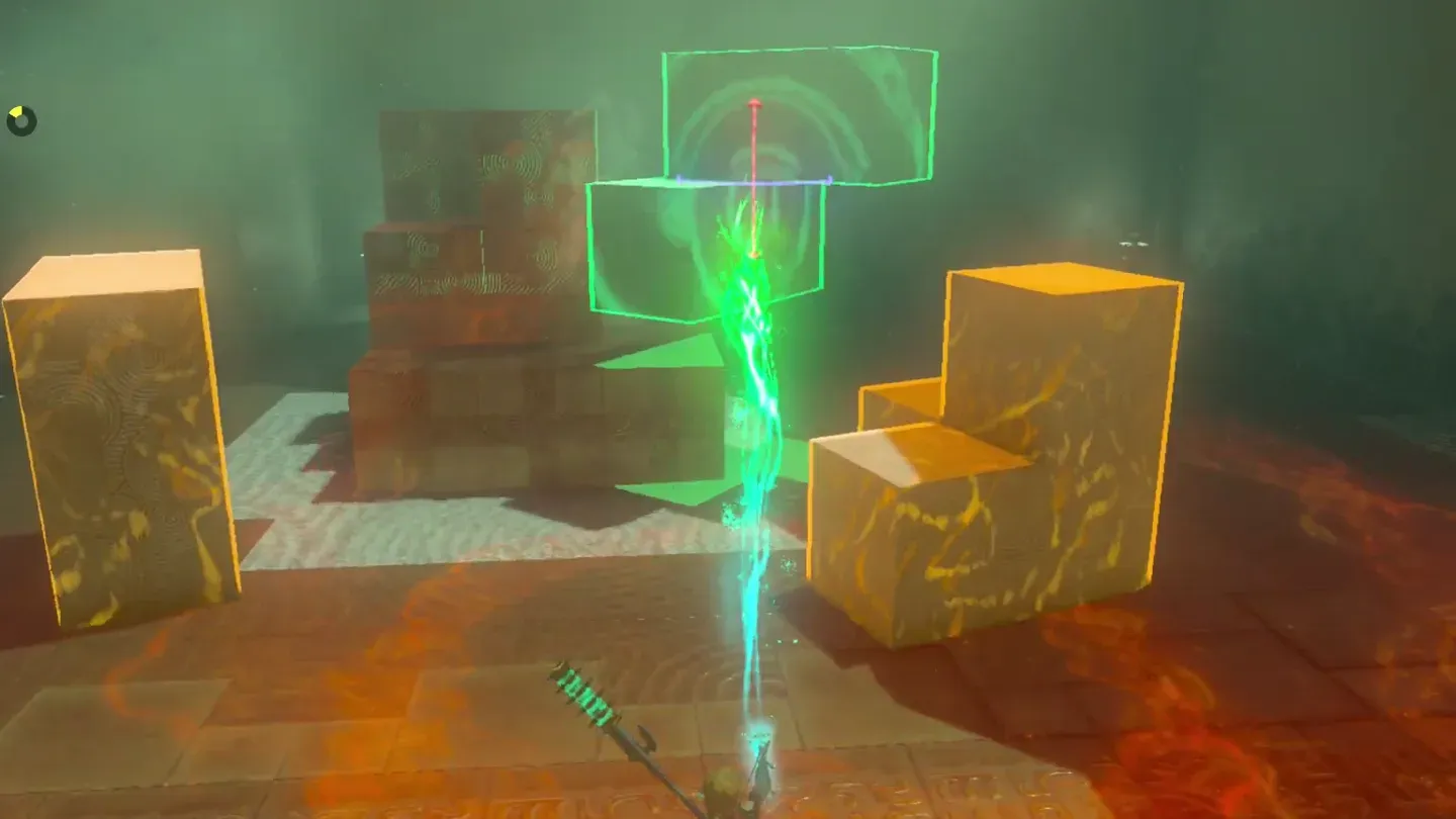 Ultrahand holding the Z-block above the unfinished block, finished cube behind