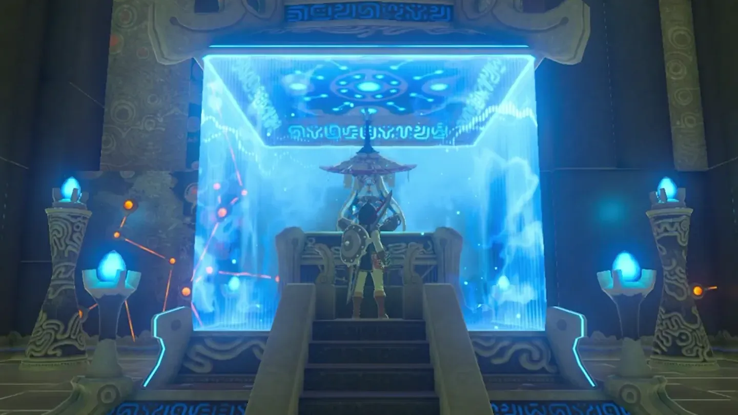Link standing before the monk behind the blue barrier