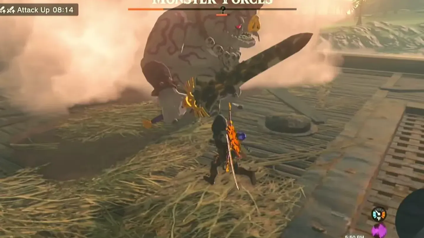 A pale Silver Boss Bokoblin swinging a large sword on a ship deck