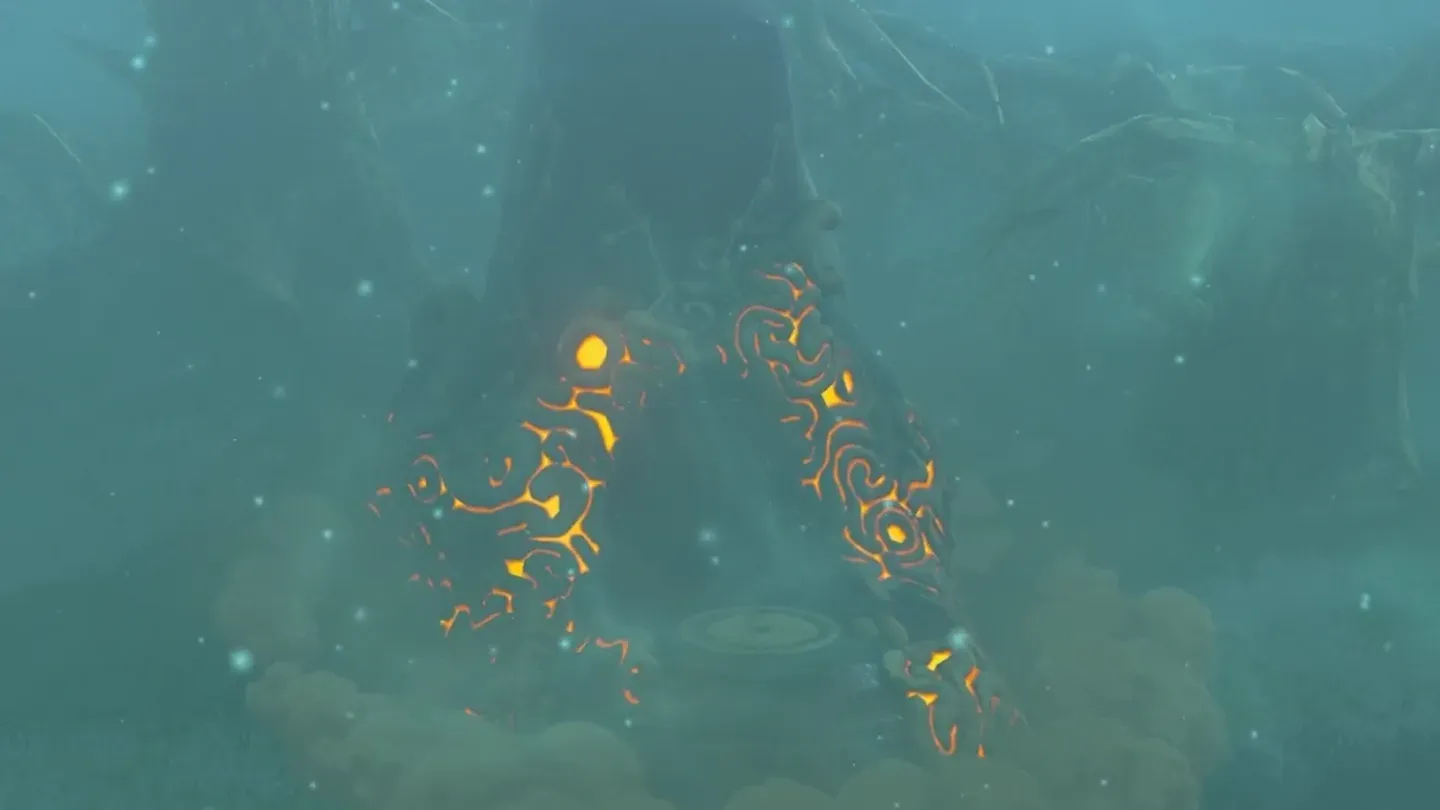 The shrine's orange markings emerging from the mist on the lakeshore