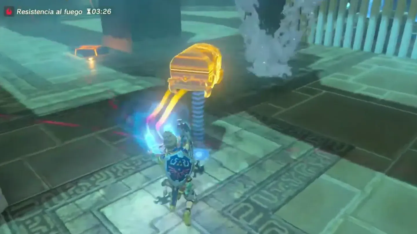 Link carrying the chest with Magnesis toward a button