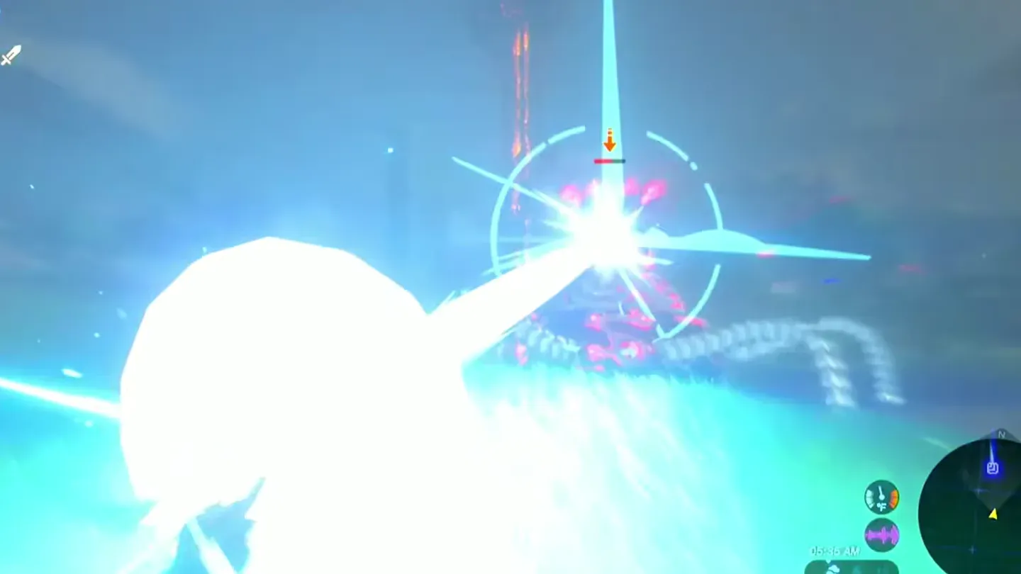 Link's shield flashing white as a Guardian's laser bounces back into it