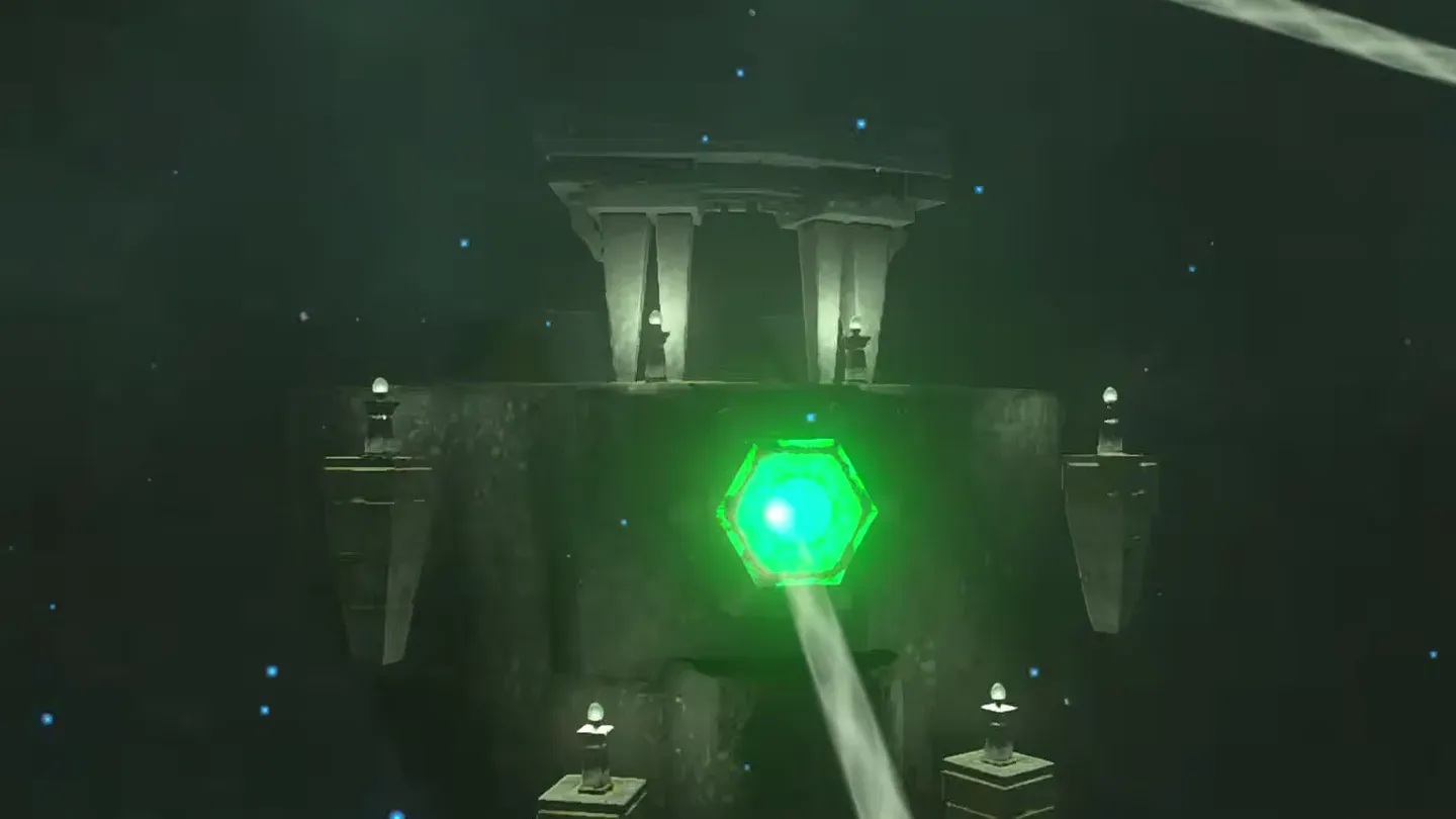 The hexagon target on the wall glowing green in the beam