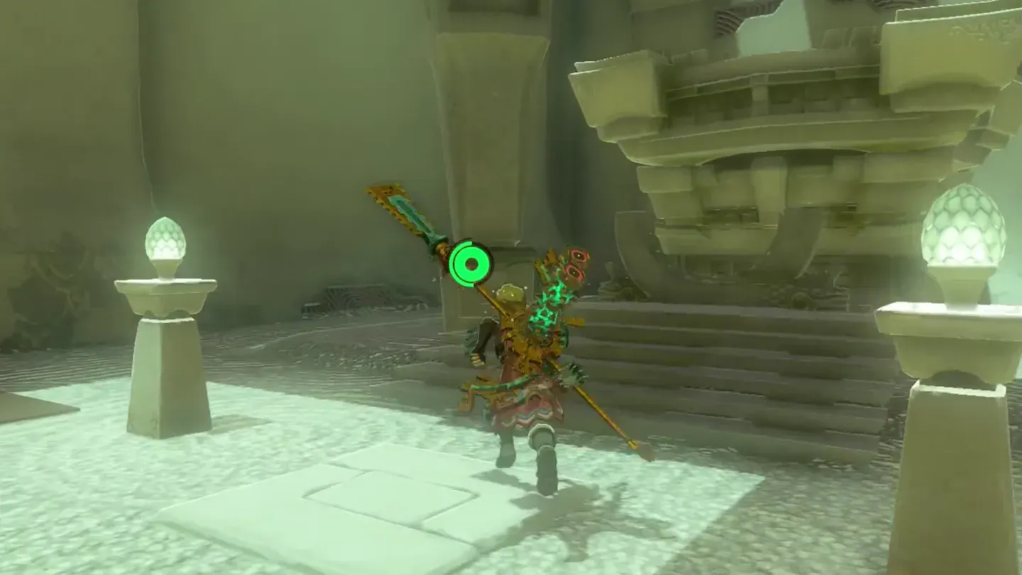 Link running up the steps to the altar