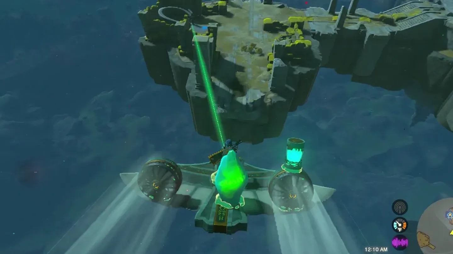 The aircraft flying the crystal toward the shrine island
