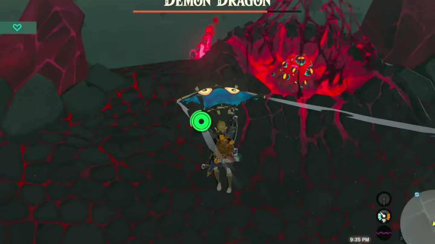 Link gliding toward the glowing secret stone on the Demon Dragon's head