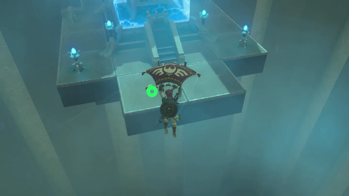 Link paragliding down toward the monk's pedestal