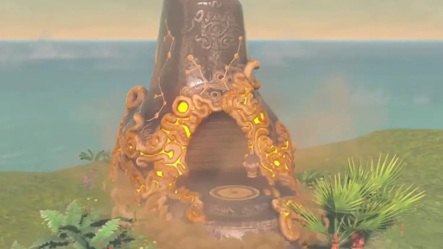 The shrine standing in the grass after rising from the ground