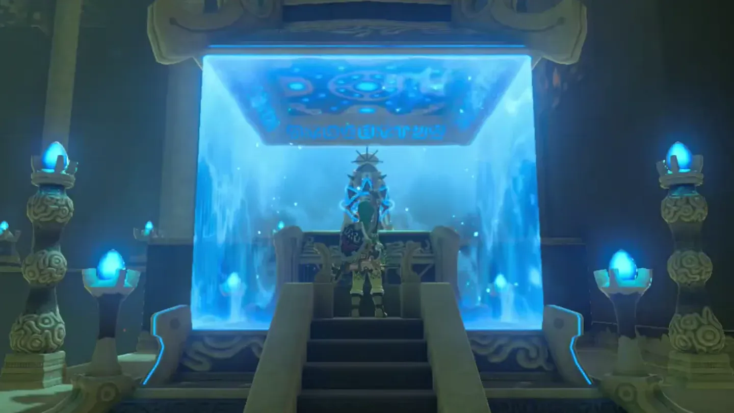 Link before the monk behind the blue barrier