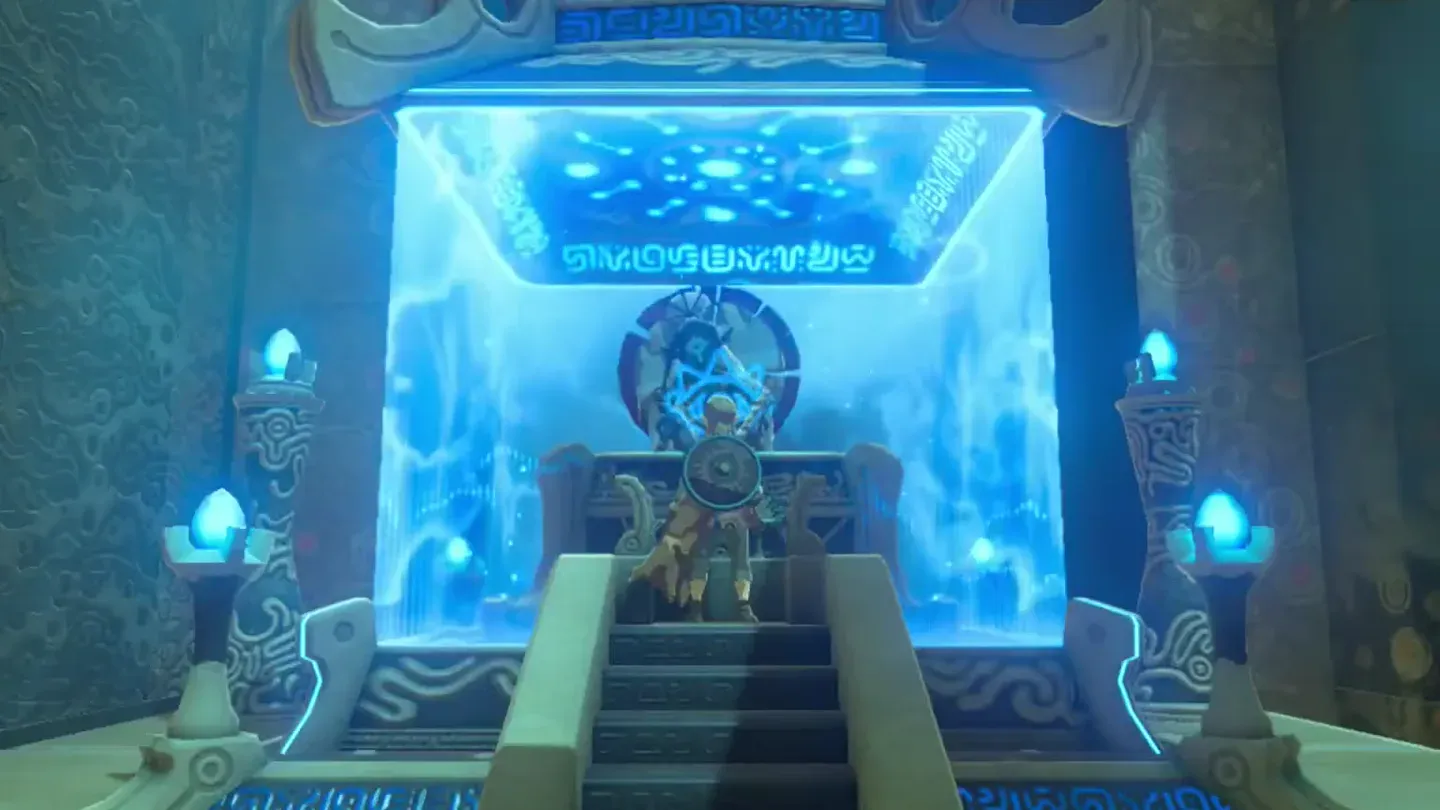 Link at the altar before the monk behind the blue barrier