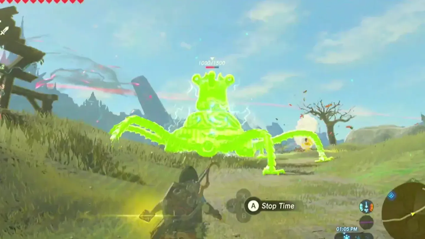 A Guardian Stalker glowing green while frozen by Stasis, with the Stop Time prompt on screen