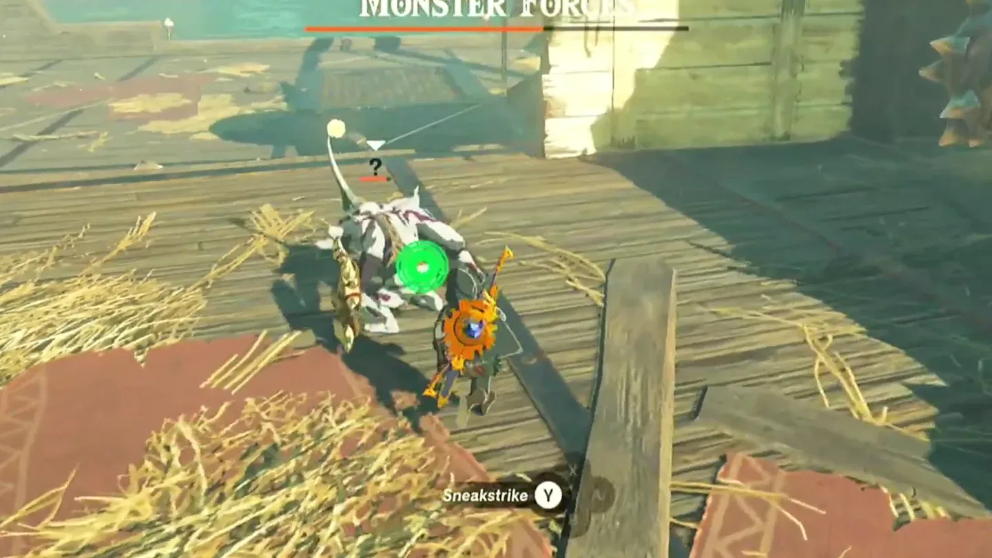 A Silver Bokoblin with a question mark over its head and the Sneakstrike prompt on screen