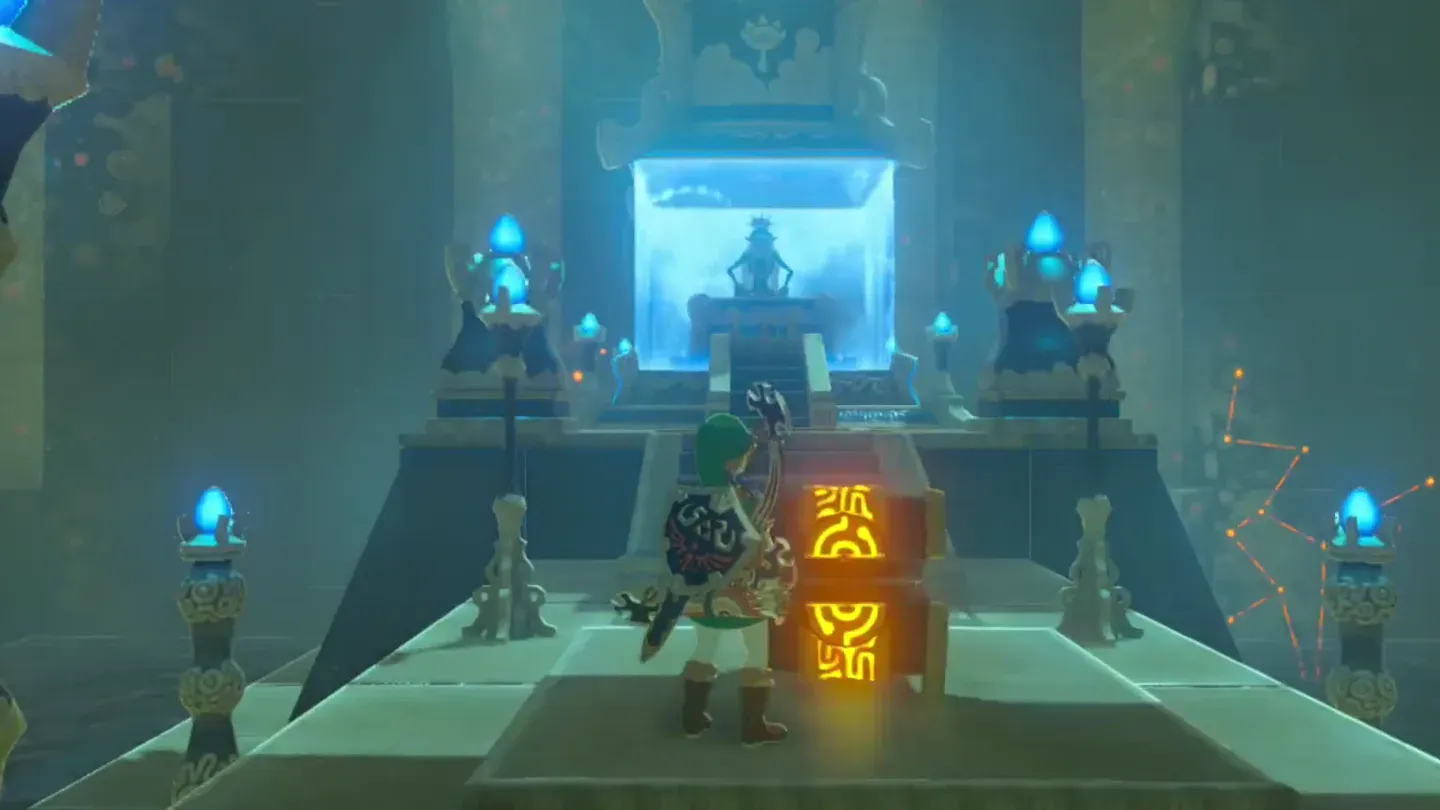 Link at the treasure chest in front of the monk's chamber