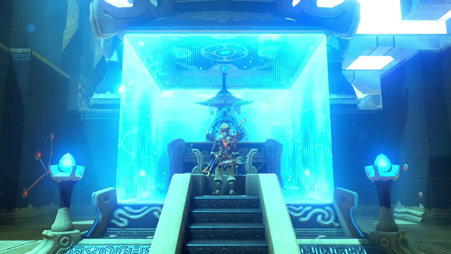 Link at the monk's glowing blue pedestal