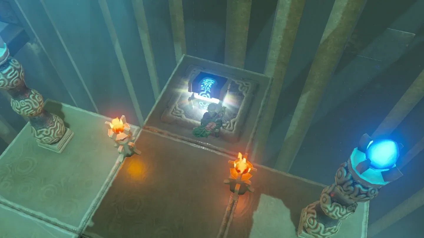 Link opening a glowing chest on a high platform at the top of the updraft
