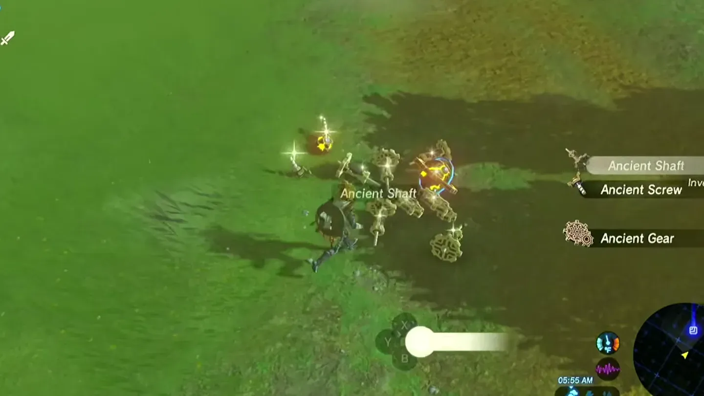 Link picking up scattered Guardian parts, the pickup list showing Ancient Shaft, Ancient Screw and Ancient Gear