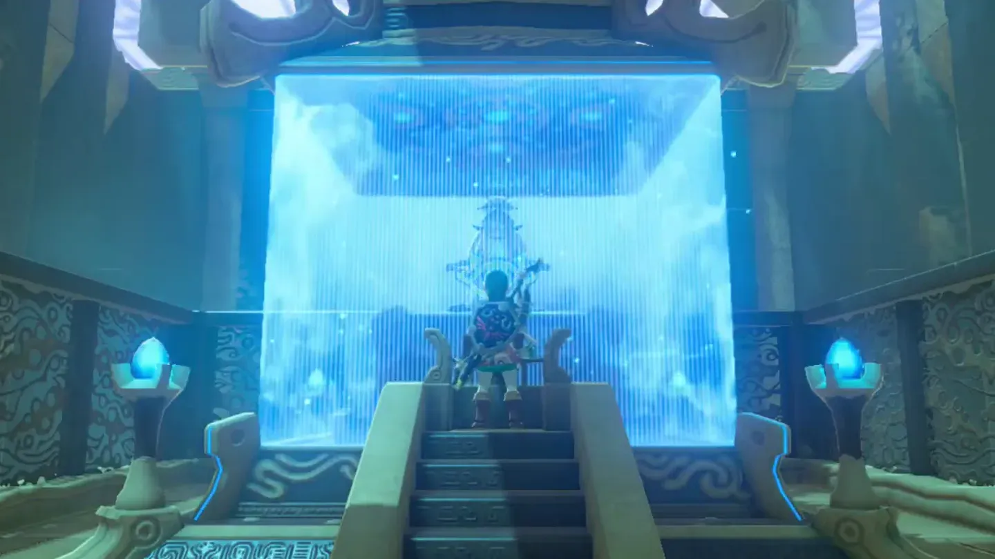 Link climbing the steps to the monk behind the blue barrier