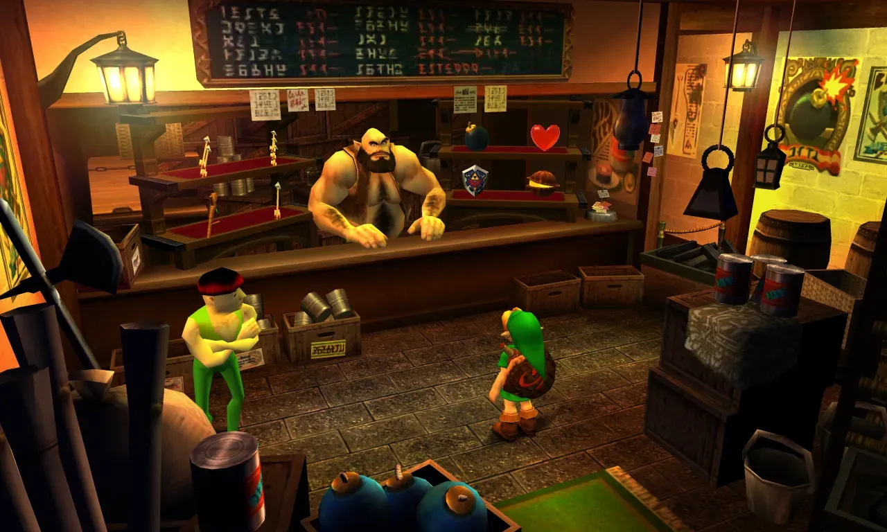 Young Link stands in the Castle Town Bazaar; a Hylian Shield, Bombs and a Recovery Heart sit on the shelves behind the shopkeeper